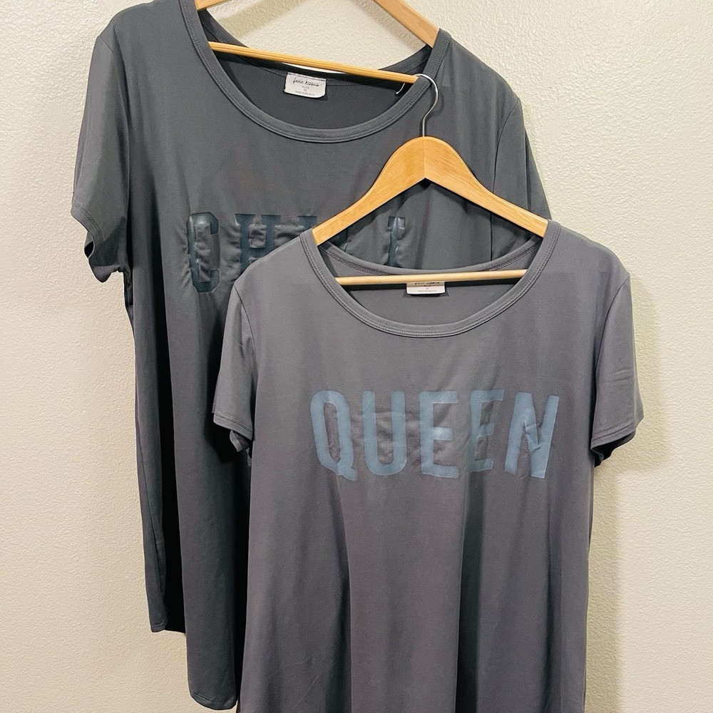 Free Kisses 2 Graphic T-Shirts "Chill" & "Queen" Dark Gray Long Soft Women's 1X